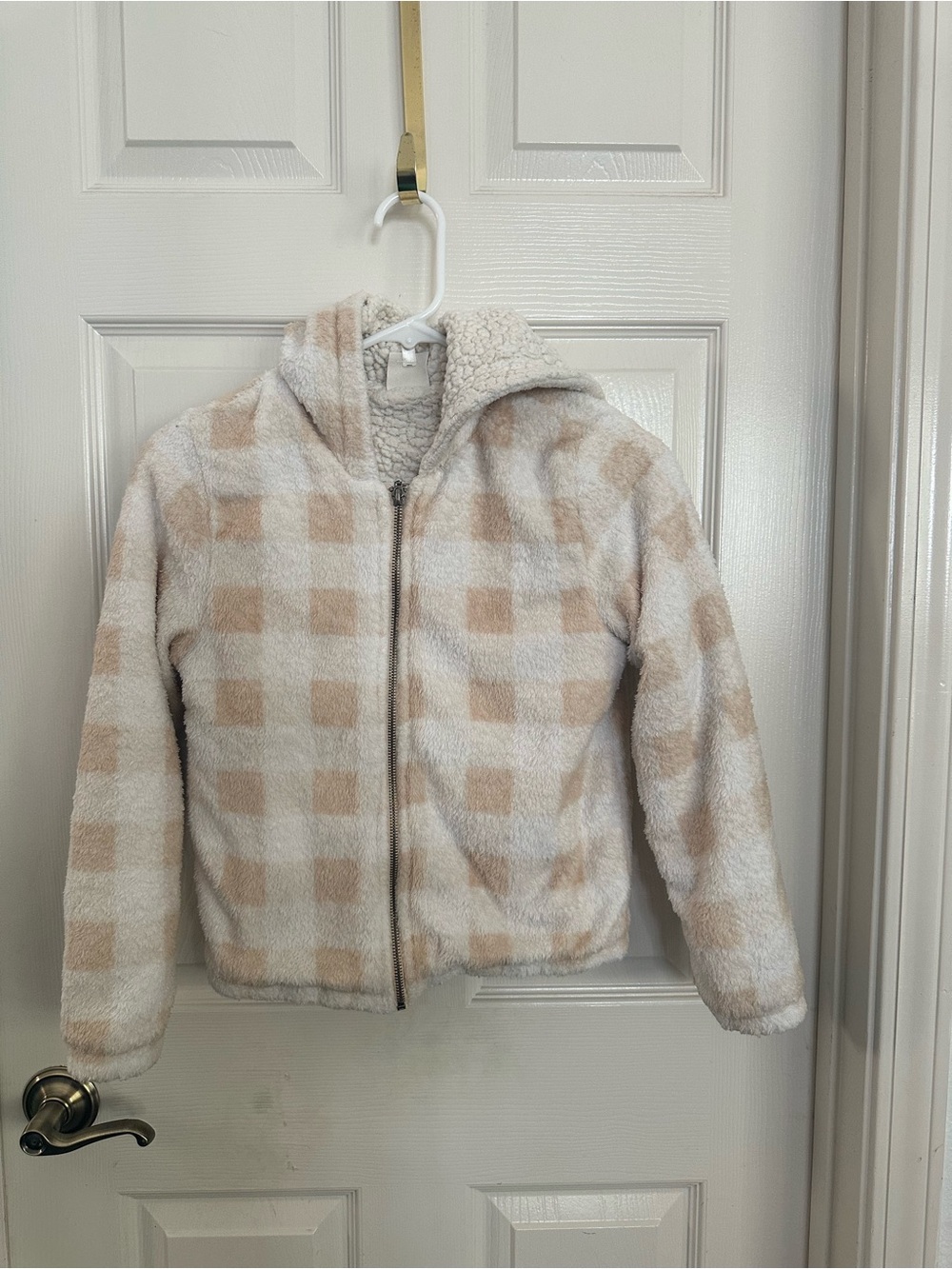 Cozy Plaid Hooded Sherpa Jacket for Kids - Cream & Tan